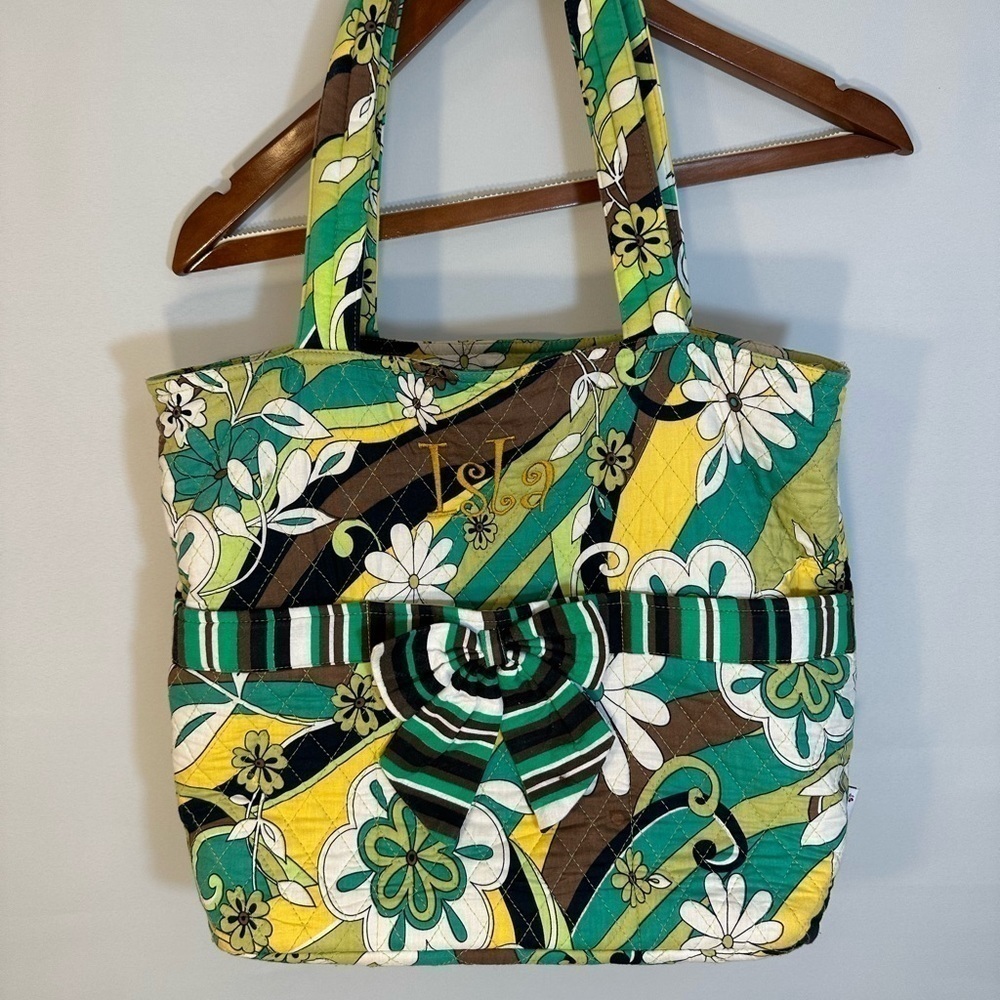 Belvah Quilted Floral Flower Cotton Large Tote Shoulder Bag Front Bow Accent - Picture 2 of 11